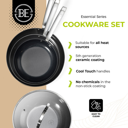 BE Living Essential Serie 3-delige Zwarte Roestvrijstalen Koekenpannenset + Wok van 4 L met Deksel (28 cm)