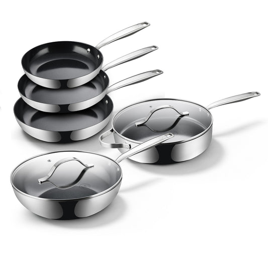 BE Living Essential Serie Zwarte Roestvrijstalen Pannenset β Wok van 4 L en Sauteerpan van 4 L met Deksels (beide 28 cm) + 3 Koekenpannen