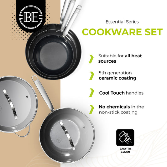 BE Living Essential Serie Zwarte Roestvrijstalen Pannenset β Wok van 4 L en Sauteerpan van 4 L met Deksels (beide 28 cm) + 3 Koekenpannen
