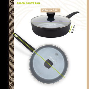 BE Living Delight Serie 4-delige Pannenset – 2 Koekenpannen (Ø 24 cm en Ø 28 cm) + Wok van 3,5 L (Ø 28 cm) en Sauteerpan van 3,5 L (Ø 28 cm)