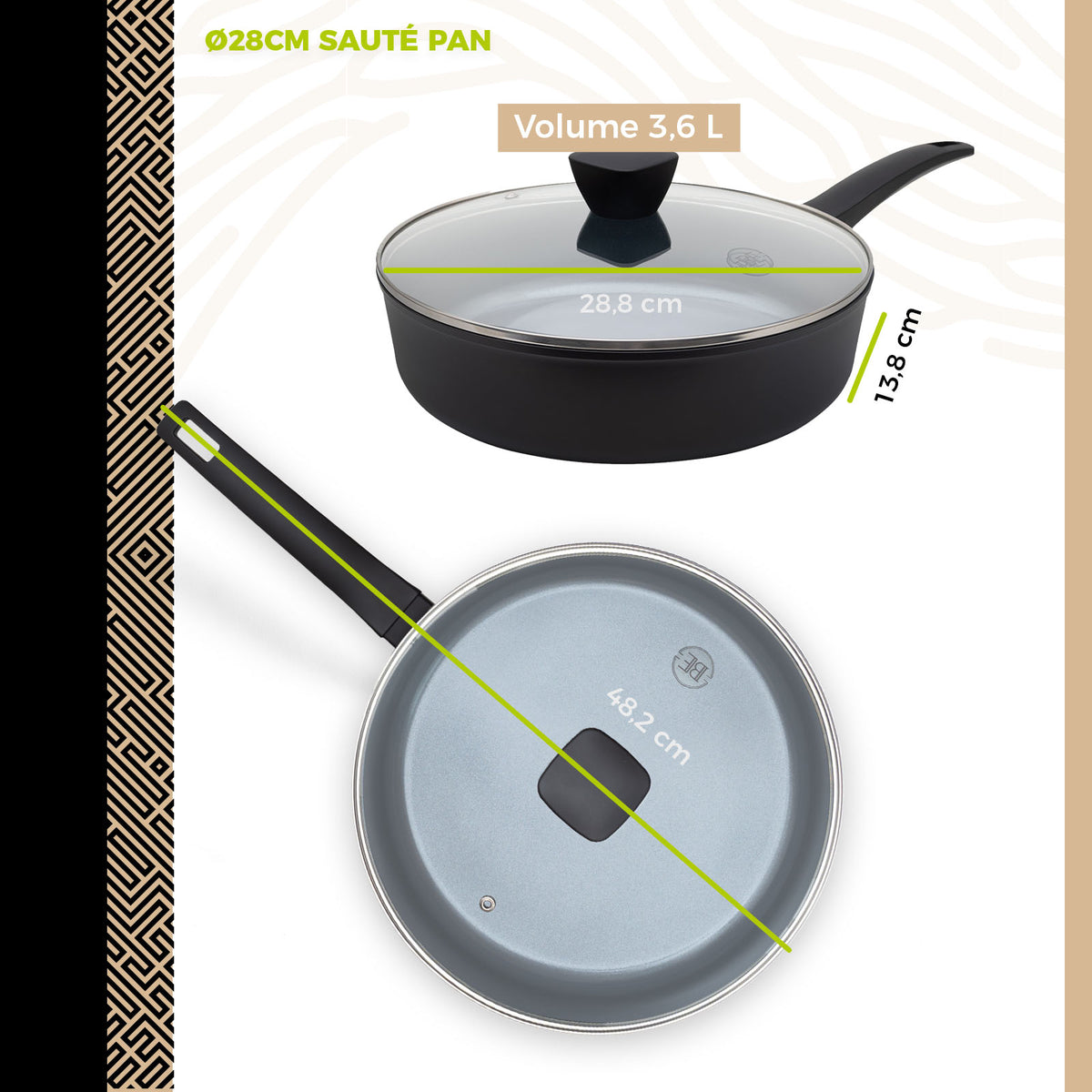 BE Living Delight Serie 4-delige Pannenset – 2 Koekenpannen (Ø 24 cm en Ø 28 cm) + Wok van 3,5 L (Ø 28 cm) en Sauteerpan van 3,5 L (Ø 28 cm)