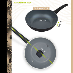 BE Living Delight Serie 4-delige Pannenset – 2 Koekenpannen (Ø 24 cm en Ø 28 cm) + Wok van 3,5 L (Ø 28 cm) en Sauteerpan van 3,5 L (Ø 28 cm)