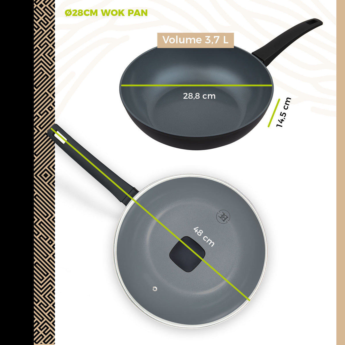 BE Living Delight Serie 4-delige Pannenset – 2 Koekenpannen (Ø 24 cm en Ø 28 cm) + Wok van 3,5 L (Ø 28 cm) en Sauteerpan van 3,5 L (Ø 28 cm)