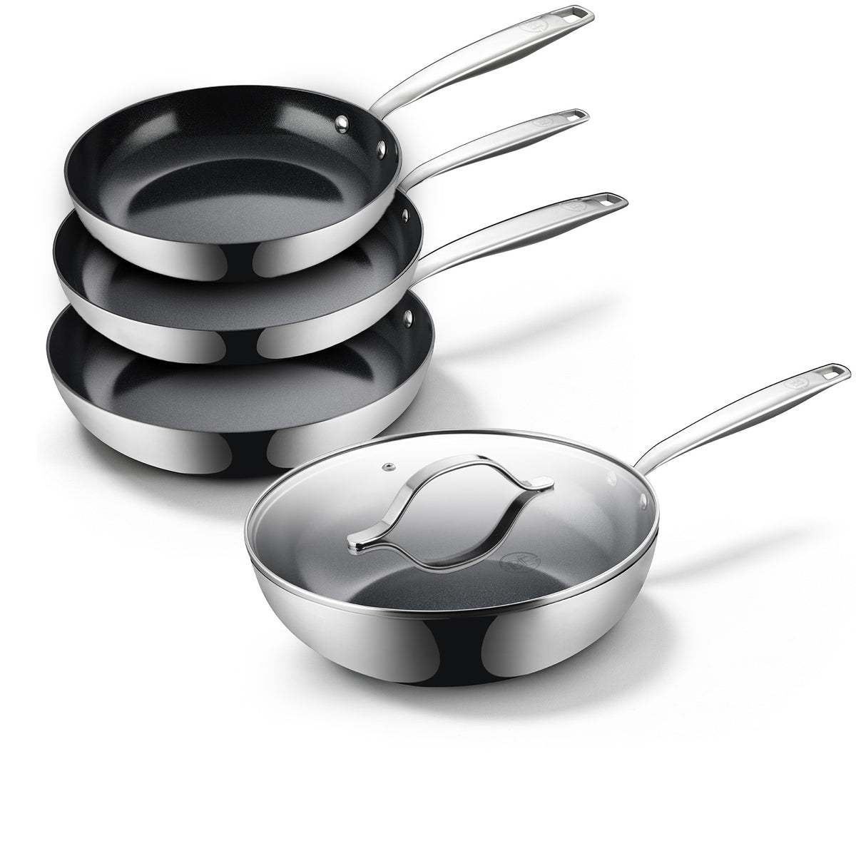 BE Living Essential Serie 3-delige Zwarte Roestvrijstalen Koekenpannenset + Wok van 4 L met Deksel (28 cm)