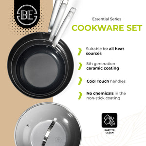 BE Living Essential Serie 3-delige Zwarte Roestvrijstalen Koekenpannenset + Wok van 4 L met Deksel (28 cm)