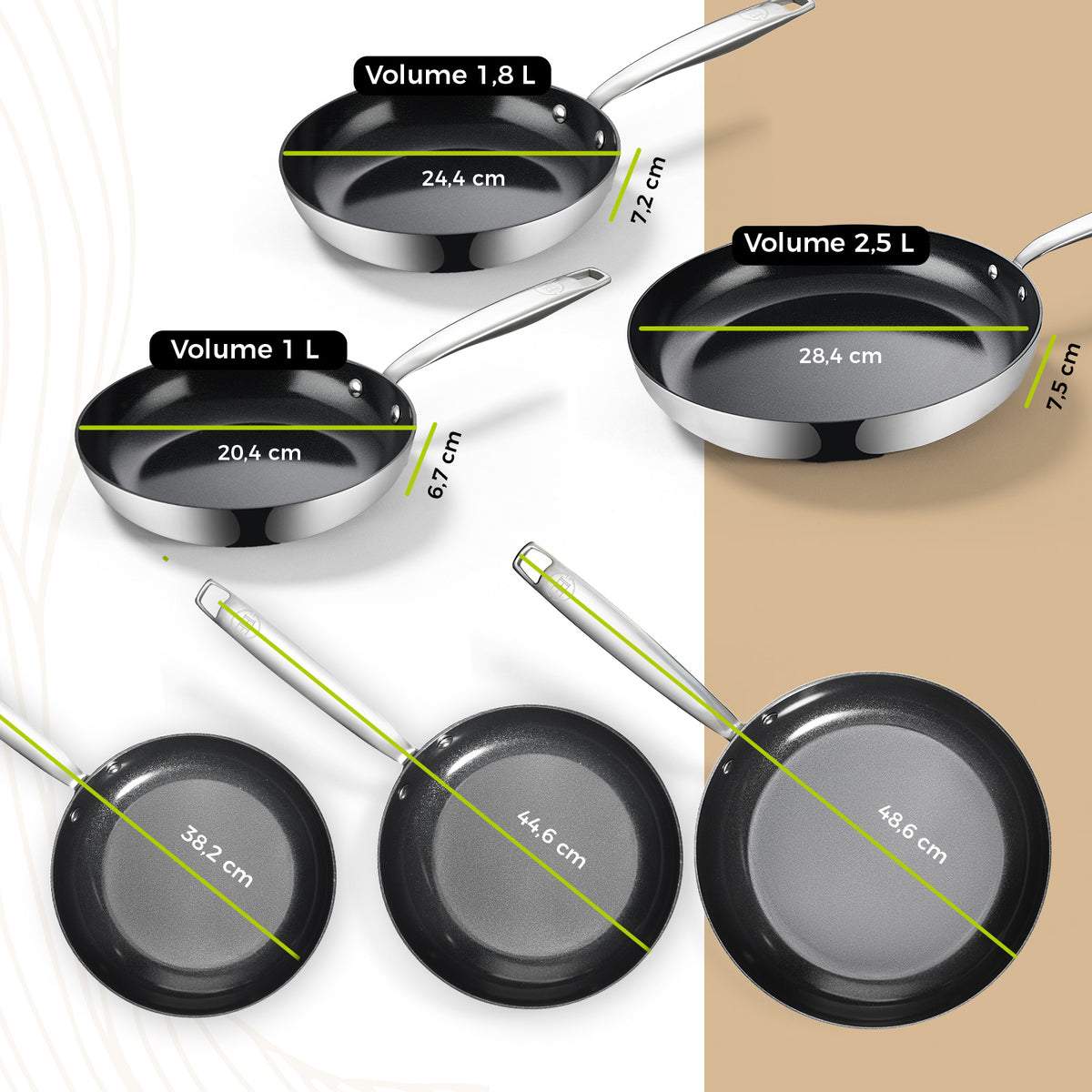 BE Living Essential Serie 3-delige Zwarte Roestvrijstalen Koekenpannenset + Wok van 4 L met Deksel (28 cm)