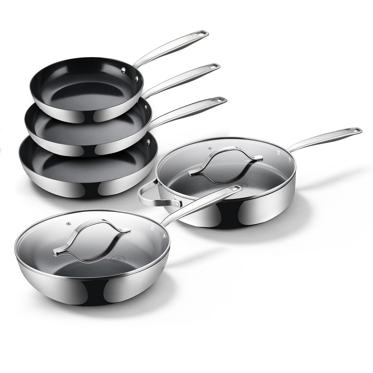 BE Living Essential Serie Zwarte Roestvrijstalen Pannenset – Wok van 4 L en Sauteerpan van 4 L met Deksels (beide 28 cm) + 3 Koekenpannen