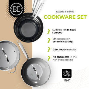 BE Living Essential Serie Zwarte Roestvrijstalen Pannenset – Wok van 4 L en Sauteerpan van 4 L met Deksels (beide 28 cm) + 3 Koekenpannen