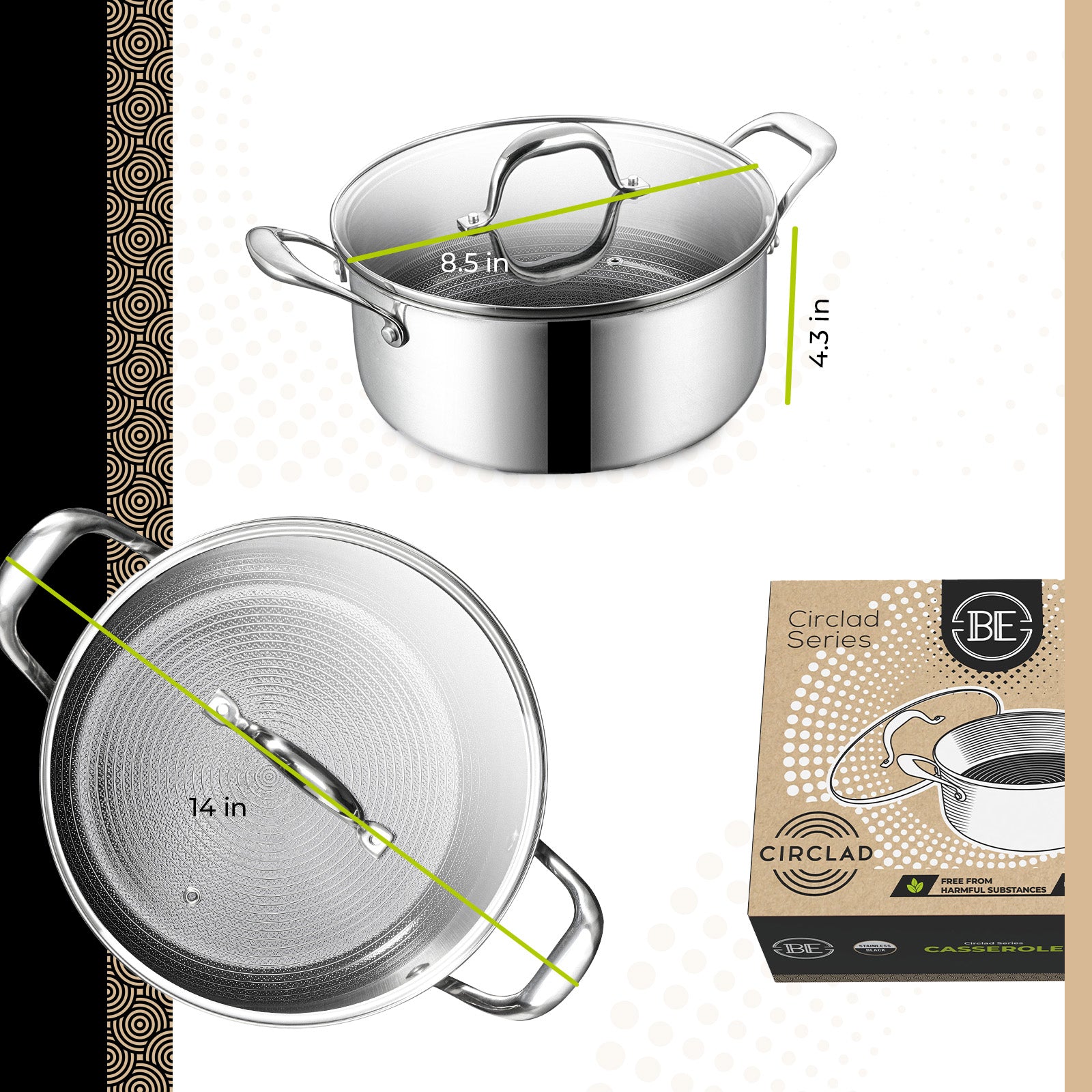 BE | LIVING CIRCLAD Serie Braadpan met Deksel 5 qt / 8,5"/ 24 cm