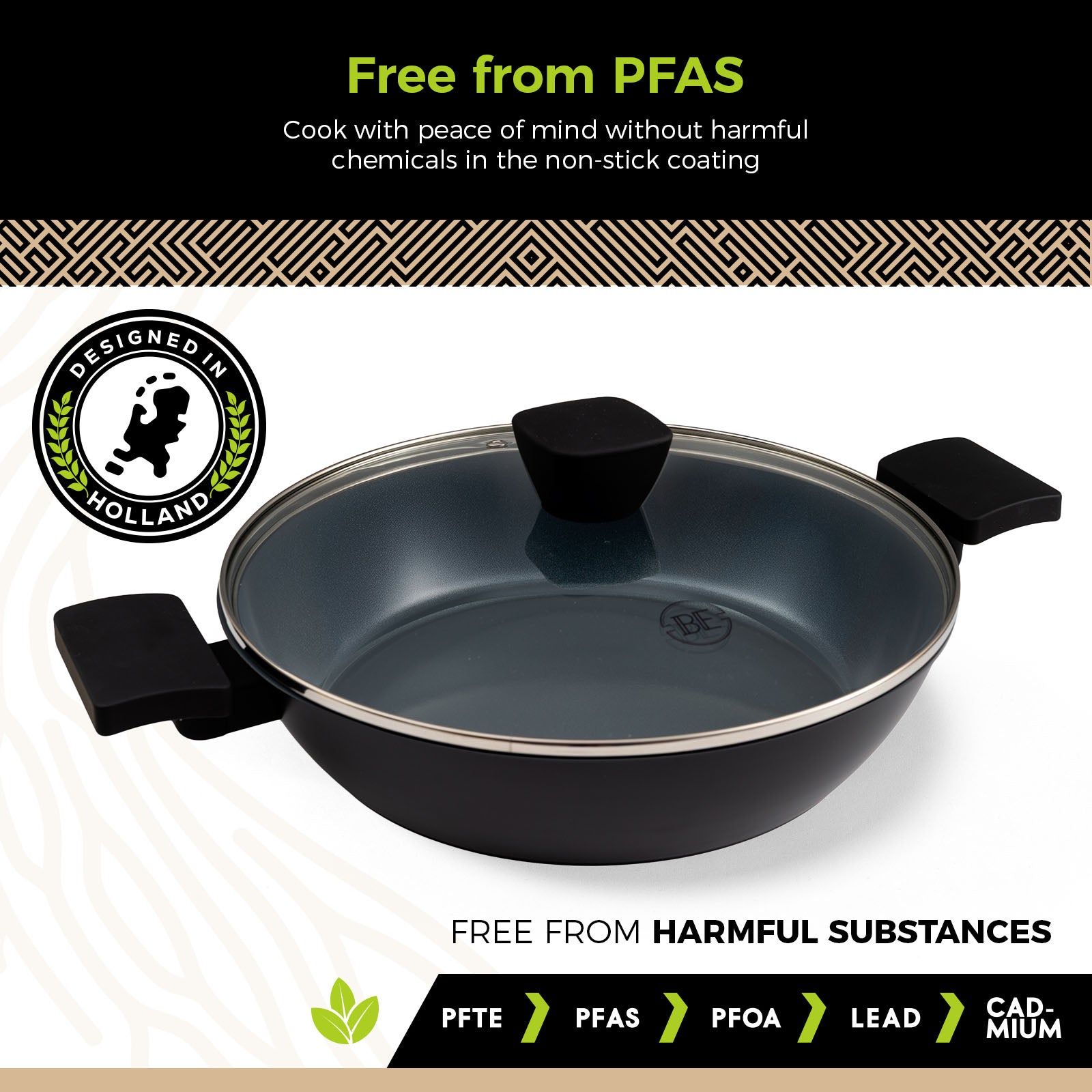BE | LIVING Delight Serie Lage Braadpan met Deksel – Ø 28 cm – Zwart