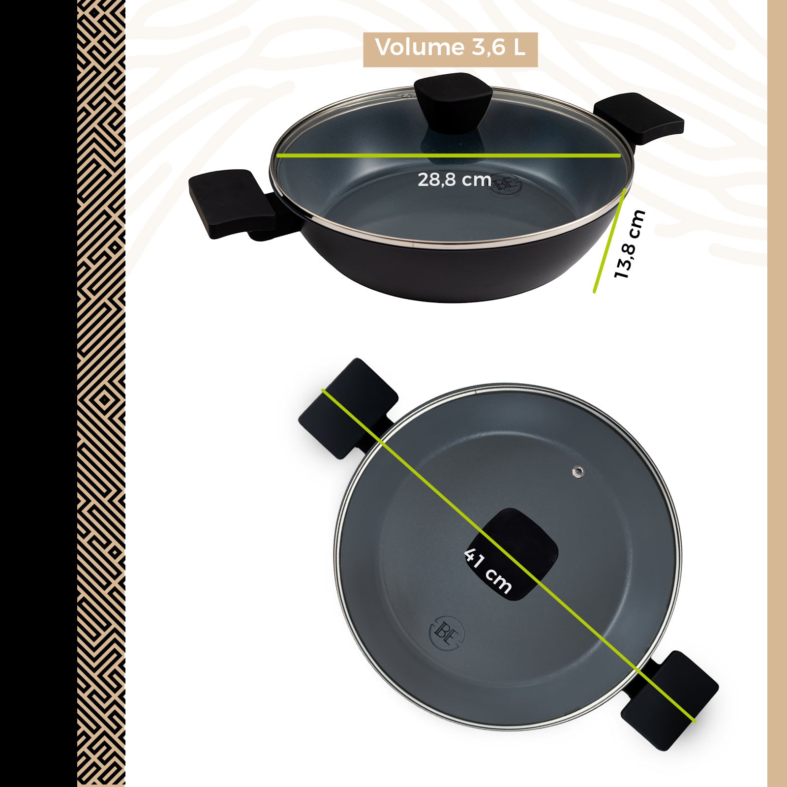 BE | LIVING Delight Serie Lage Braadpan met Deksel – Ø 28 cm – Zwart