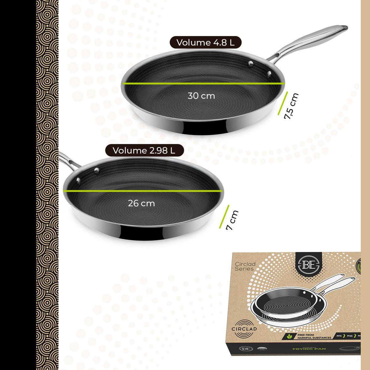 BE Living CIRCLAD Serie - 2-delige Koekenpannen Set 26 cm + 30 cm