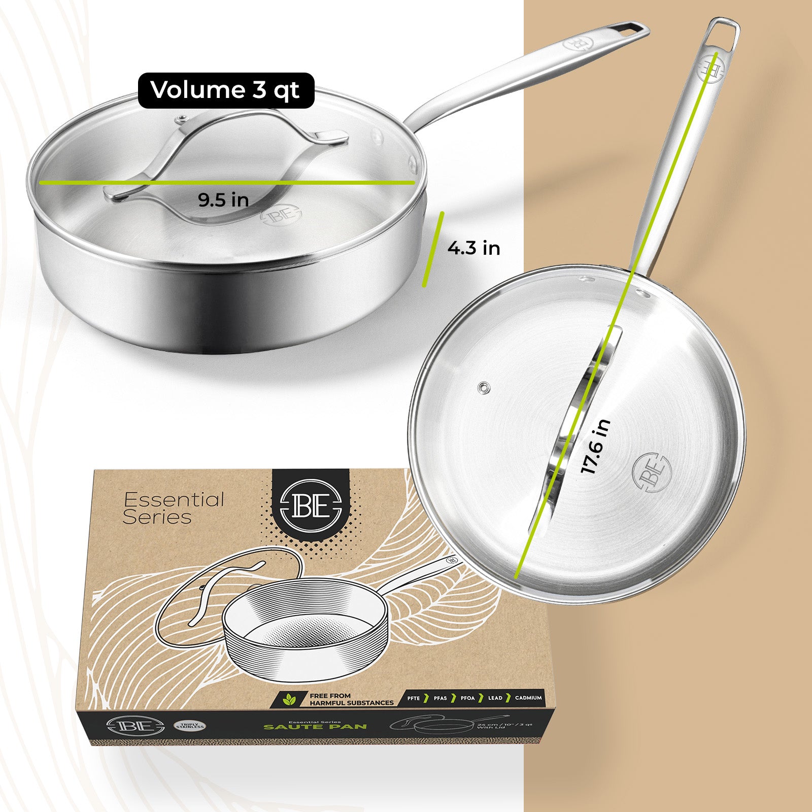 BE | LIVING Essential Serie Sauteerpan 24 cm (Drielaags roestvrij staal)