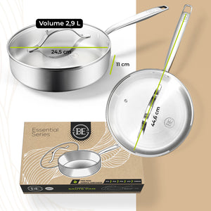 BE Living Essential Serie PFAS-vrije Sauteerpan van Drielaags Roestvrij Staal met Deksel – 3 L – Ø 24 cm