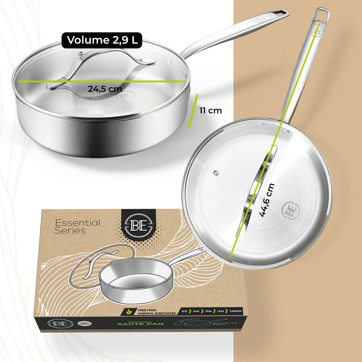 BE Living Essential Serie PFAS-vrije Sauteerpan van Drielaags Roestvrij Staal met Deksel – 3 L – Ø 24 cm