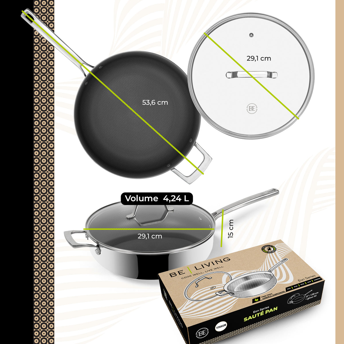 BE Living Eon Serie Sauteerpan met Deksel – 4 L / Ø 28 cm (Titanium)