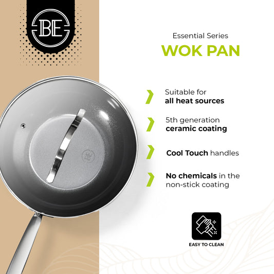 BE | LIVING Essential Serie Stainless Steel Black Wokpan met deksel Ø 28 cm