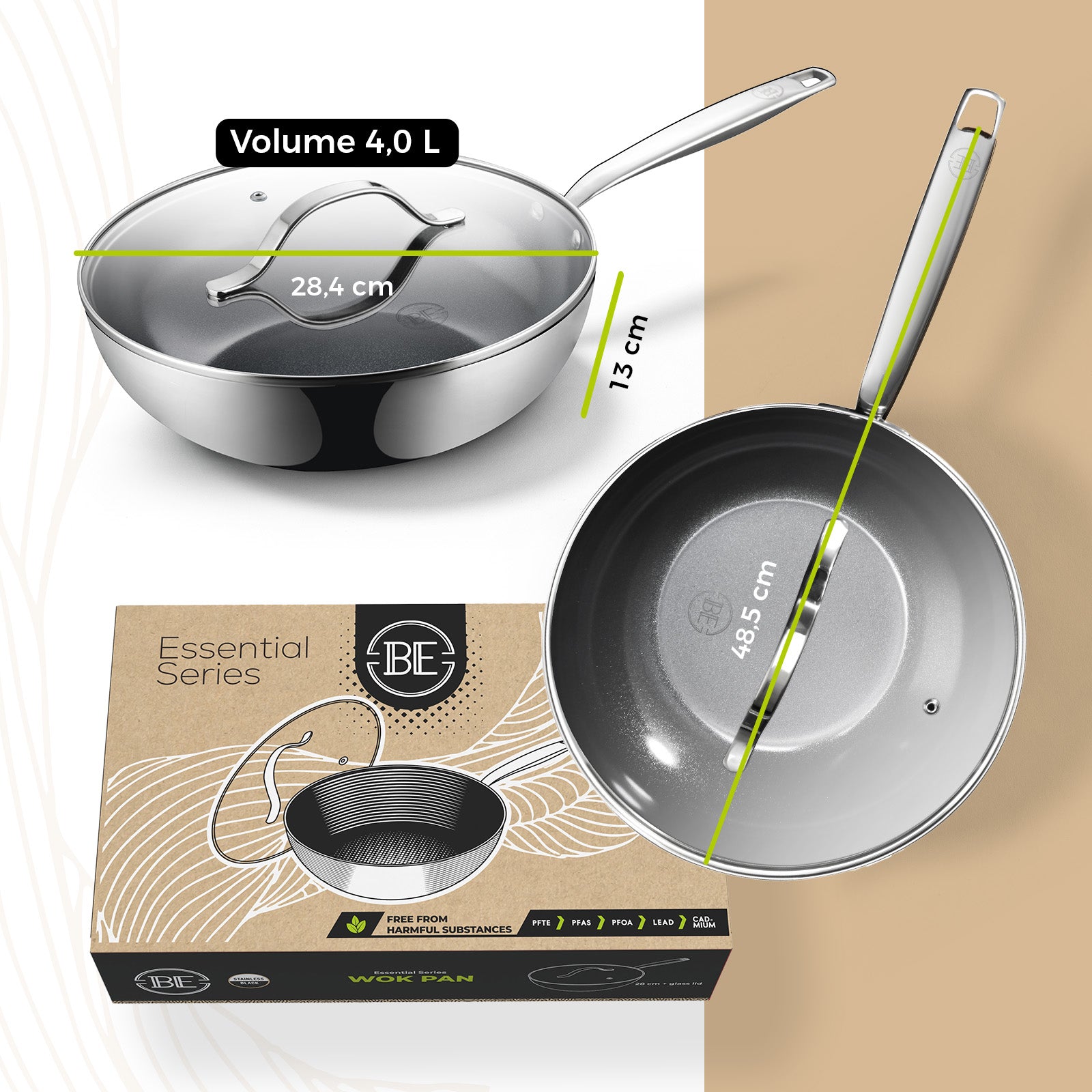 BE | LIVING Essential Serie Stainless Steel Black Wokpan met deksel Ø 28 cm
